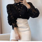 Petal Sleeve Stand Collar Hollow Out Flower Lace Patchwork Shirt Femme Blusas All-match Women Lace Blouse Button White Top