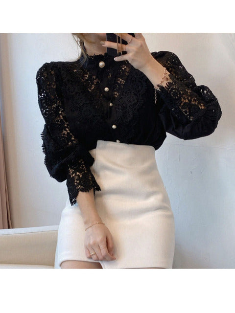 Petal Sleeve Stand Collar Hollow Out Flower Lace Patchwork Shirt Femme Blusas All-match Women Lace Blouse Button White Top