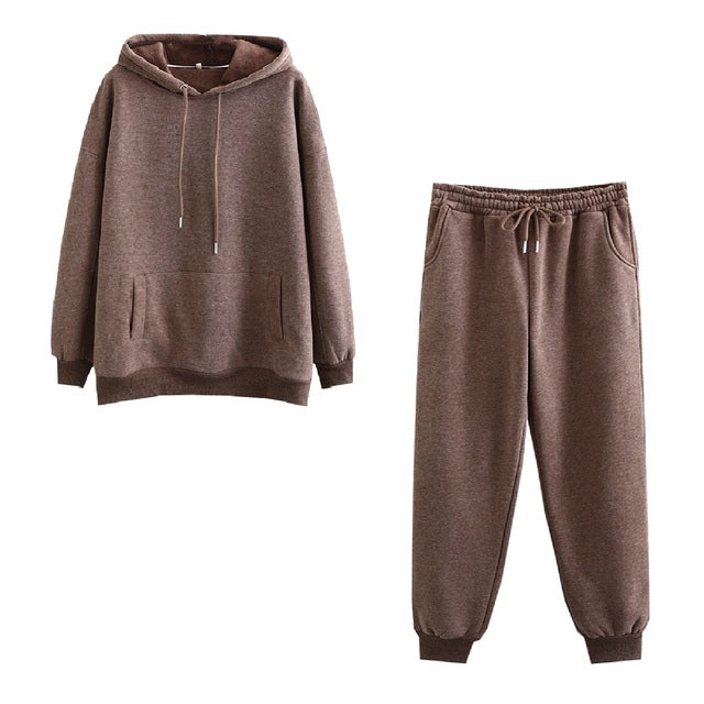 Autumn Winter Women tracksuit thick fleece 100% cotton suit 2 pieces sets hoodies sweatshirt and pants suits