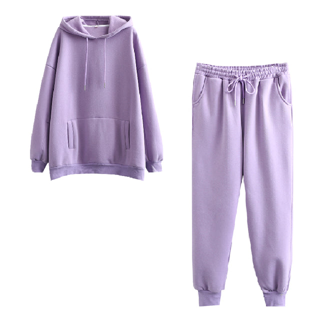 Autumn Winter Women tracksuit thick fleece 100% cotton suit 2 pieces sets hoodies sweatshirt and pants suits