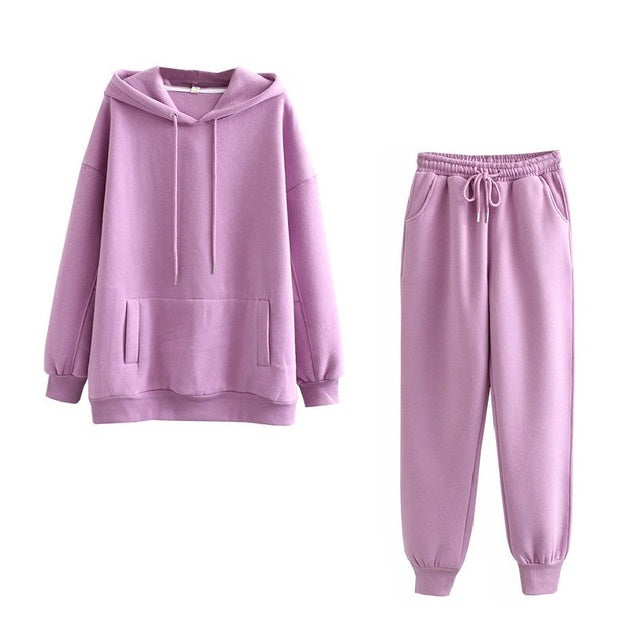 Autumn Winter Women tracksuit thick fleece 100% cotton suit 2 pieces sets hoodies sweatshirt and pants suits