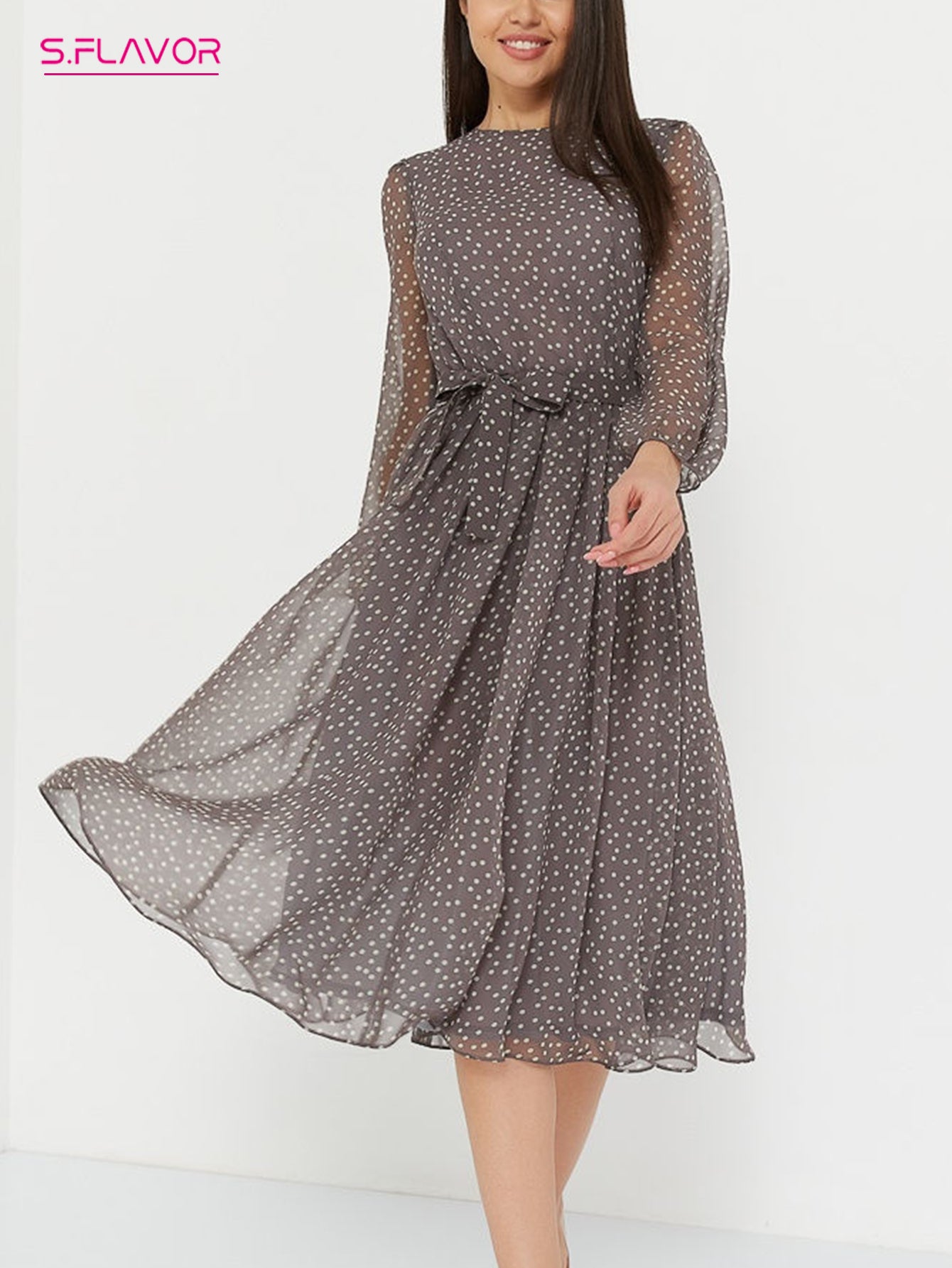 Elegant Dot Print Long Sleeve Polka Dress O Neck Chiffon A Line Women Casual Dress Vintage Midi Vestidos De
