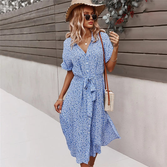 Spring Women Bandage Dress Summer New Casual Floral Print Beach Dress Vintage Button Holiday Ladies Chic Dresses Vestidos