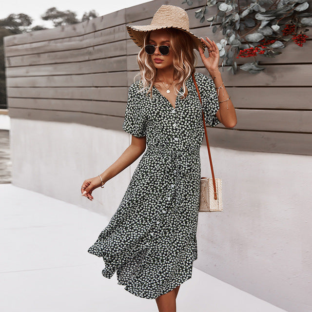 Spring Women Bandage Dress Summer New Casual Floral Print Beach Dress Vintage Button Holiday Ladies Chic Dresses Vestidos