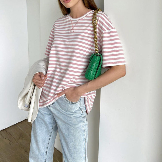 Summer Short Sleeve Striped T-Shirts Women Knitted Basic Casual Tops Female Cozy Loose Cotton Tees Harajuku Shirt